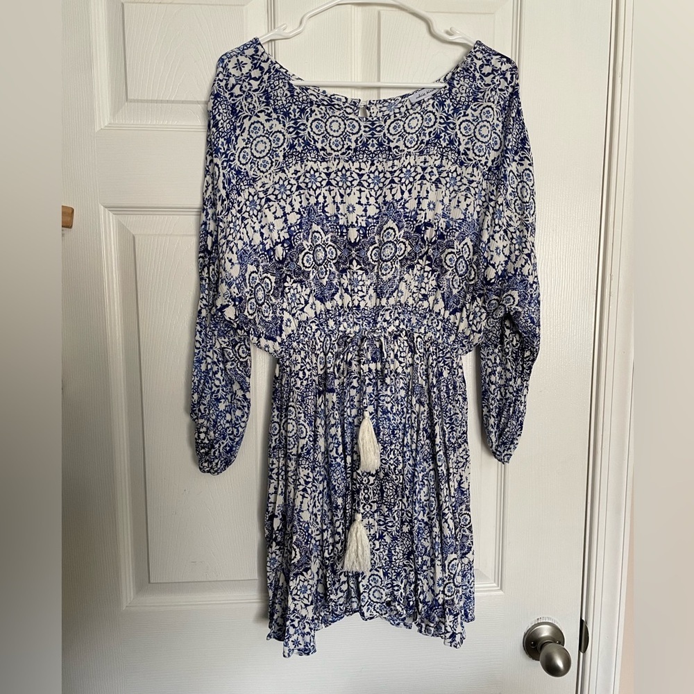 White Birch Bohemian Blue and White Printed Womens Dress with Tassel Tie Size S